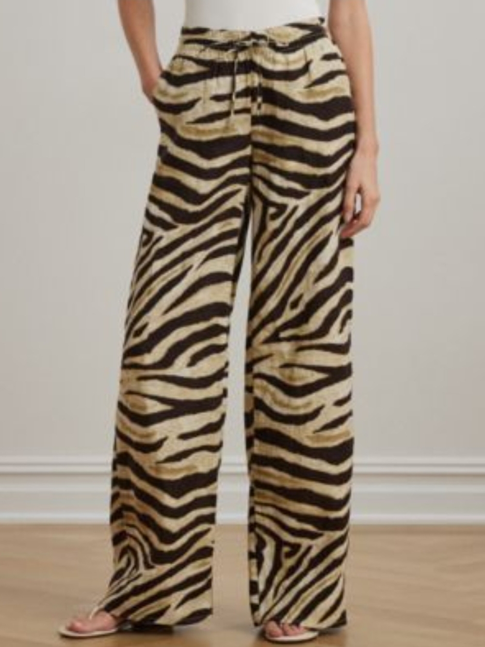 Lauren Ralph Lauren Women's Zebra-Print Linen Wide-Leg Pants Cream Brown
